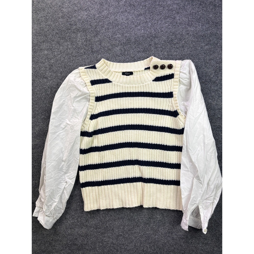 Rails Bambi Mixed Media Sweater Womens Medium Ivory Navy Stripe Puff Sleeve